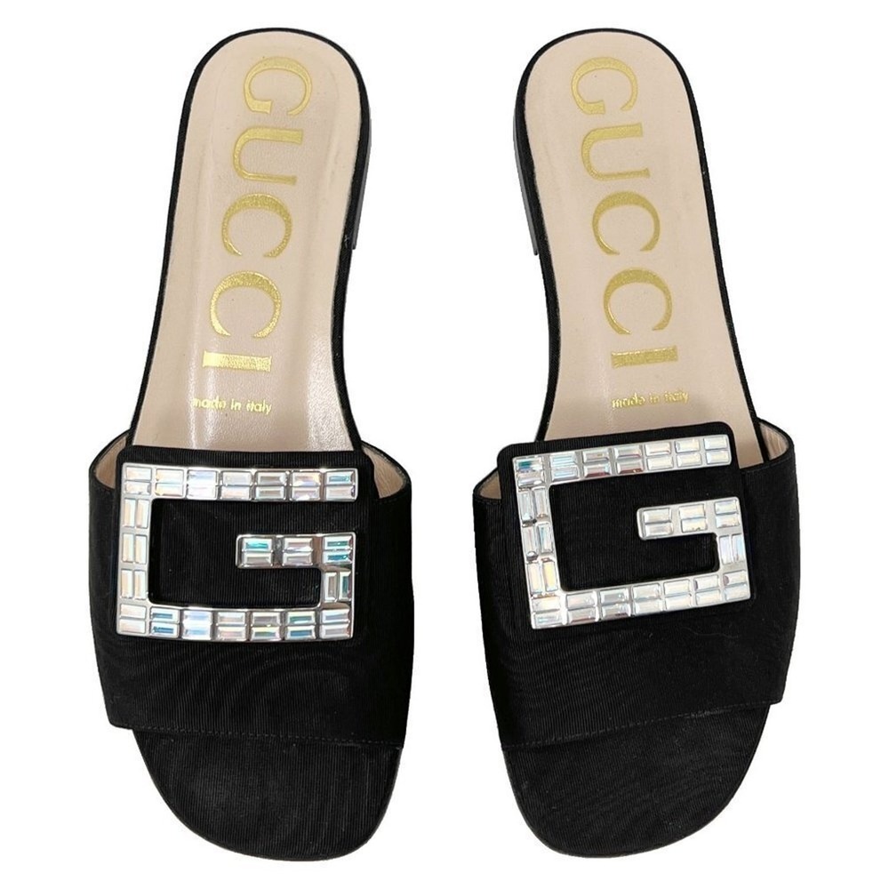 Gucci Black Mules Slide Flat Sandals Crystal Logo Size 36.5 - Picture 3 of 10